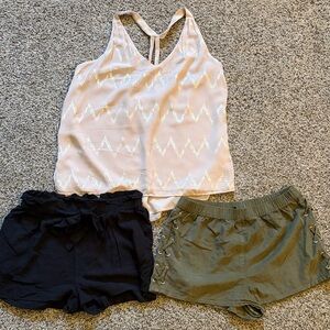 Forever 21 Cream Top with Black and Green Shorts Set